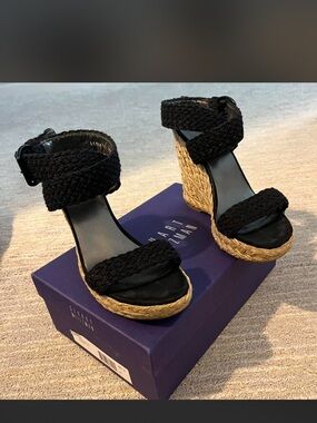 Stuart Weitzman Black Woven Espadrille Wedge Sandals
